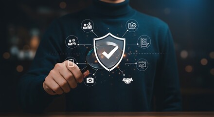 A man uses a magnifying glass to inspect a shield with a check mark, representing security, protection, and quality assurance