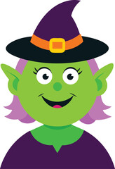 cartoon witch with a friendly smile. Colorful elderly sorceress character for Halloween, vector illustration isolated on a white background.