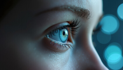 s a close up of a person's blue eye with long eyelashes