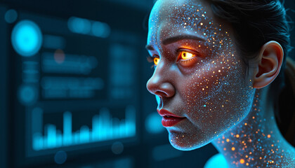 s a woman with glowing orange eyes in front of a computer screen