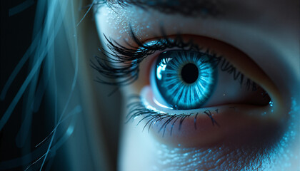 s a close up of a person's blue eye with long eyelashes