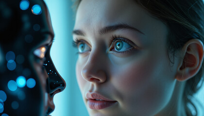 s a young girl with blue eyes looking at a robot in the foreground