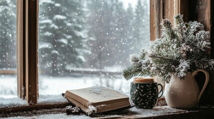 Snowy winter scene through a window, book and mug