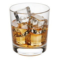 A glass of whiskey with ice cubes isolated on transparent background
