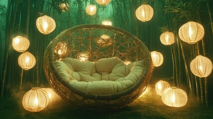 Woven chair, glowing lanterns, bamboo forest