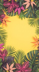 Colorful tropical leaves arranged in a frame on a yellow background.