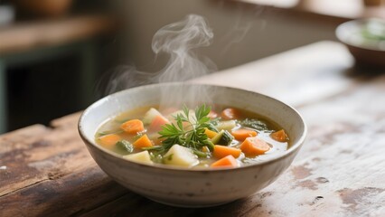 Steaming Bowl of Fresh Vegetable Soup on a Rustic Table