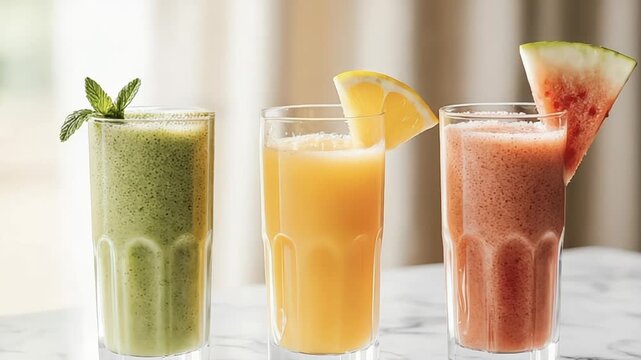 Refreshing smoothies assortment featuring fruit and vegetable blends in glass cups