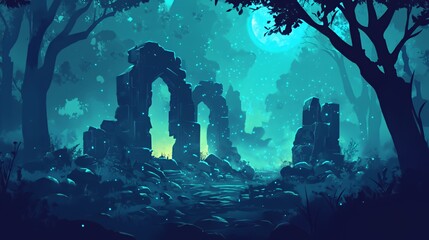 Enchanting Moonlit Ruins in a Mystical Forest