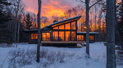 Vibrant dusk hues wrapping around snow island cabin
