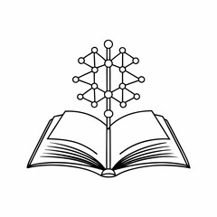 Open book with a knowledge network rising from its pages, symbolizing education and interconnected learning.