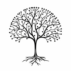 Naklejka premium Stylized tree illustration with circular dots at the end of branches, roots visible, black and white.
