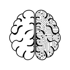 A stylized illustration depicting a brain divided into two halves, one organic, one technological.