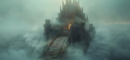 Fototapeta premium A mystical castle rises above the clouds, surrounded by ethereal mist and a winding staircase.