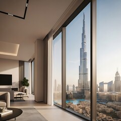 Modern living room with a panoramic view of a city skyline.