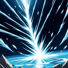 Powerful blue energy explosion erupts from the ocean surface under a dark sky