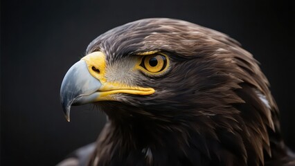 Obraz premium An eagle with dark - brown feathers on its head and a sharp look in its eyes is presented in a close - up shot, with a light - toned and blurred background highlighting its majestic expression.