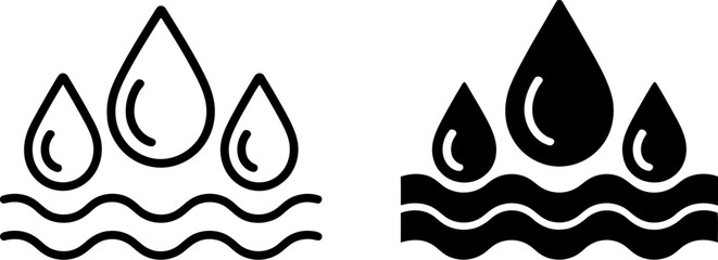 Water Absorption Icons: Line and Solid Style, Three Drops on Waves, Liquid Retention Symbol
