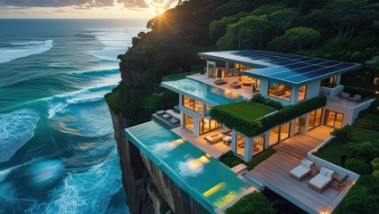 Cliffside home with infinity pool overlooking ocean waves.