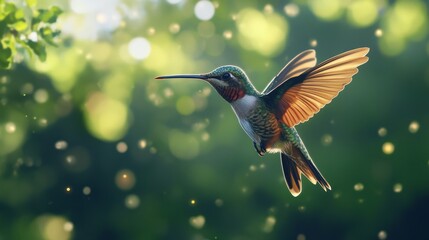 Fototapeta premium Colorful hummingbird in mid-flight with blurred wings hovering in front of vibrant green forest background during daylight