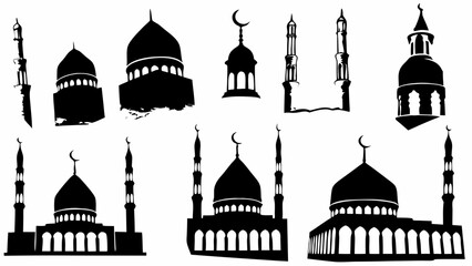 Silhouette illustration showcasing various islamic mosque designs and minarets on a white background artfully arranged