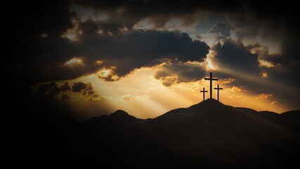 The majestic sky, clouds and light of Golgotha Hill, with the Holy Cross symbolizing the death and resurrection of Jesus Christ in the background
 - Powered by Adobe