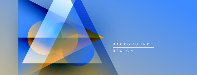 Abstract geometric shapes overlap, creating vibrant blue gradient background. Modern design elements suggest technology, innovation.