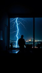 Lightning storm city view apartment window silhouette man watching electric weather night