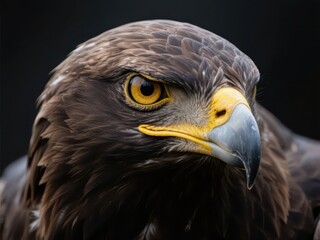 Obraz premium An eagle with dark - brown feathers on its head and a sharp look in its eyes is presented in a close - up shot, with a light - toned and blurred background highlighting its majestic expression.