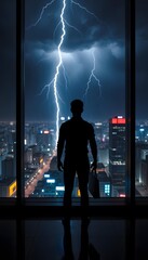 Man silhouette watching lightning storm over city skyline from high rise apartment