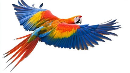 Obraz premium Colorful macaw parrot in flight with outstretched wings isolated on white background, vibrant tropical bird captured in motion, exotic wildlife concept