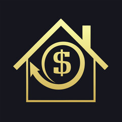 Golden house icon with dollar symbol and circular arrow on dark background home real