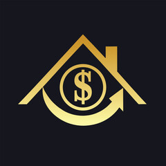 Golden house icon with dollar symbol and upward arrow on dark background home building