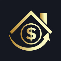 Golden house icon with dollar symbol and upward arrow on dark background home money