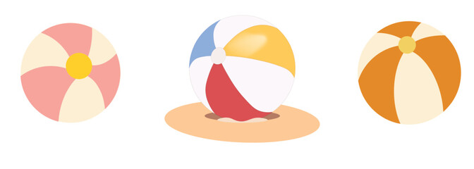 Three colorful beach balls are depicted against a white background. 