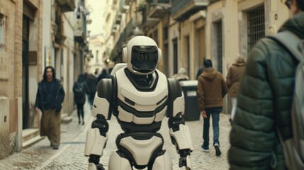 Futuristic robot amidst urban pedestrians