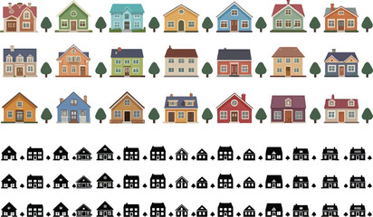Cartoon Houses Flat Style Colorful Exterior Home Set with Trees Icon