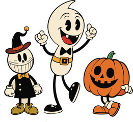 Cute Retro Halloween Characters Set , Witch, Jack-o'-Lantern, and Ghost Vector