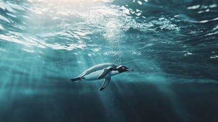 Obraz premium Gentoo penguin gliding gracefully underwater in clear blue ocean, showcasing marine life behavior and natural aquatic habitat in the southern hemisphere