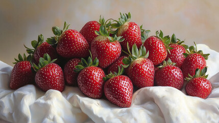 Strawberries gathered on a soft cloth showcasing vibrant colors and freshness in a serene setting