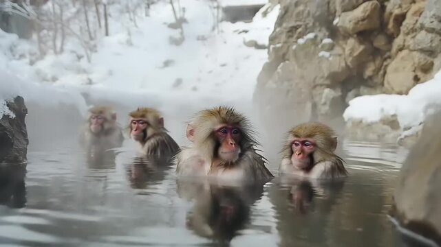 Japanese macaques enjoying a hot spring in winter snow, relaxing wildlife, animal nature