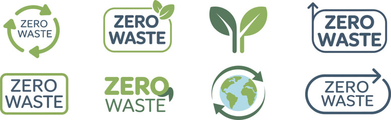 Obraz premium Ecology Zero Waste Logos With Leaves, Earth And Arrows In Green And Blue Colors