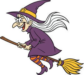 cartoon witch with long white hair flying on a magic broomstick. Halloween character vector illustration isolated on white background.