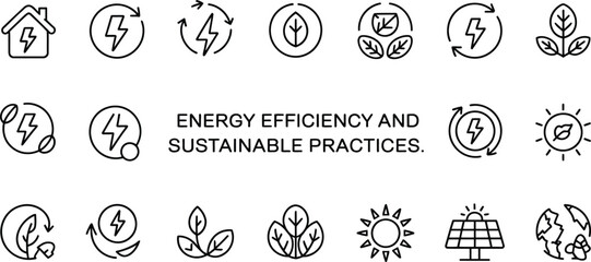Energy Efficiency & Sustainable Practices Icon Set, Line Art, Renewable Elements