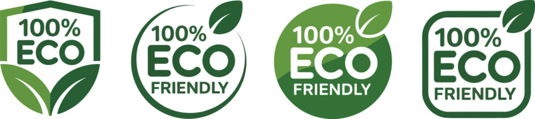 Fototapeta premium Four Green Eco Friendly Icon Set with Leaves in Various Shapes on White