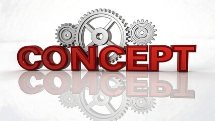 Red 3D concept text with interlocking gray gears and reflection on white background, business solution idea
