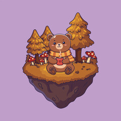 Cozy cute Bear on Floating Island with Autumn Scenery. vector illustration