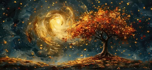 A vibrant autumn tree under a swirling galaxy, symbolizing nature's beauty and cosmic wonder.