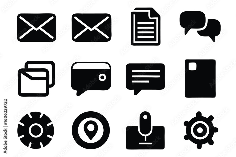 Poster vector art of collection of various black vector icons representing common digital functions