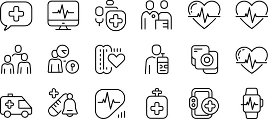 Healthcare Icon Set, Black Outline Line Art, Ambulance, Monitoring, People, Transparent Background